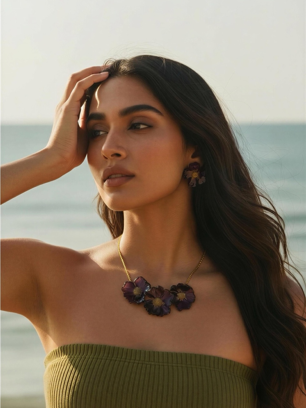 Floral Statement Necklace and Earrings Set in Deep Purple